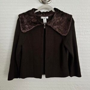 Vintage Y2K Nine‎ West Brown Wool Knit Faux Fur Collar Long Sleeve Cardigan